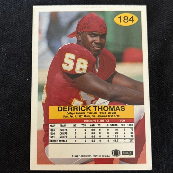 MINT KANSAS CHIEF DERRICK THOMAS LB 1992-Fleer Base Standard #184 - Picture 4 of 4